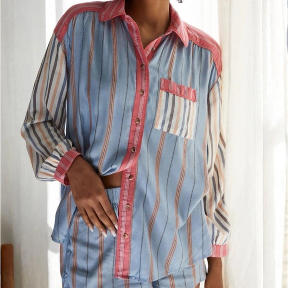 Anthropologie Top Shirt Womens Large Striped Button Front Modal Light Weight - Picture 2 of 14